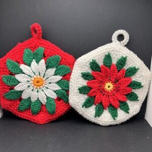 Vintage 2 Crochet Christmas Poinsettia Flower Hot Pad, Holder Or Holiday Decor